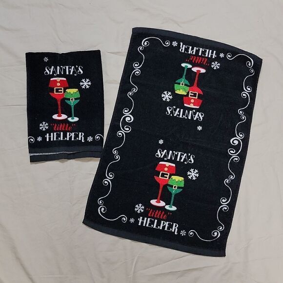 SANTA'S LITTLE HELPER WINE GLASS KITCHEN TOWELS - Picture 1 of 6